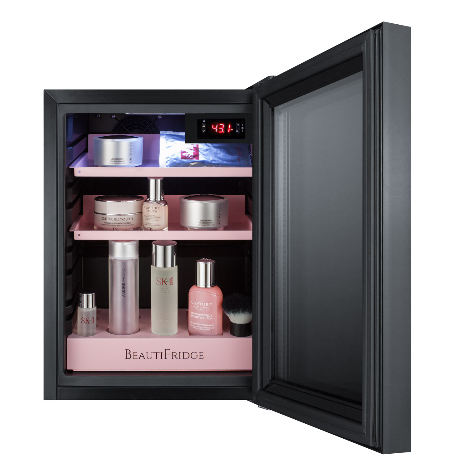 BeautiFridge compact cosmetics cooler with mirror-tinted glass door, black cabinet, lock, matte blush pink shelves, and digital controls set for the storage of beauty products